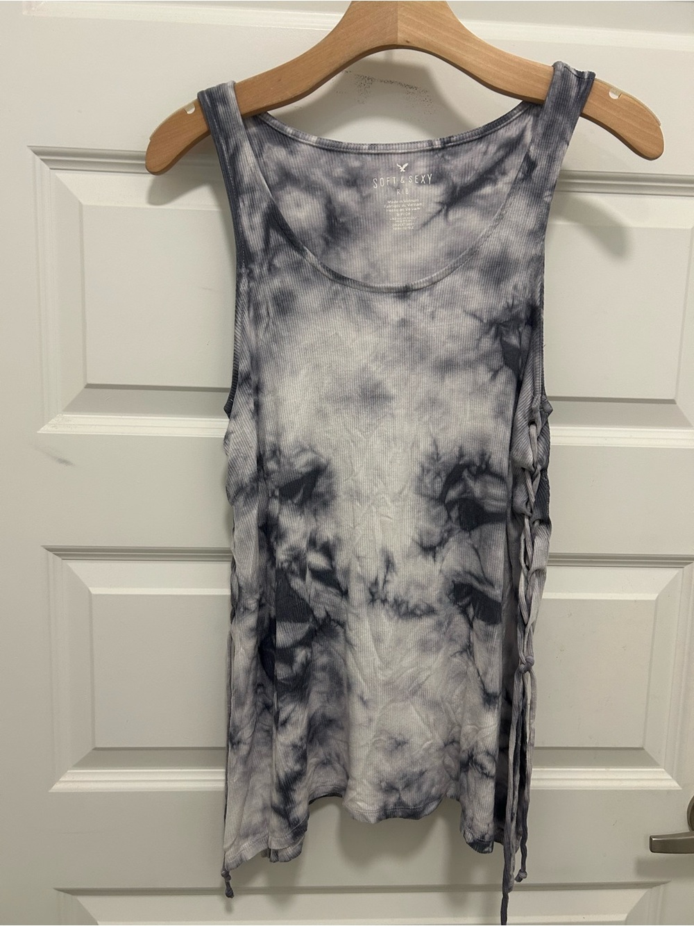 American Eagle Outfitters Black and White Tie-Dye Lace-Up Tank